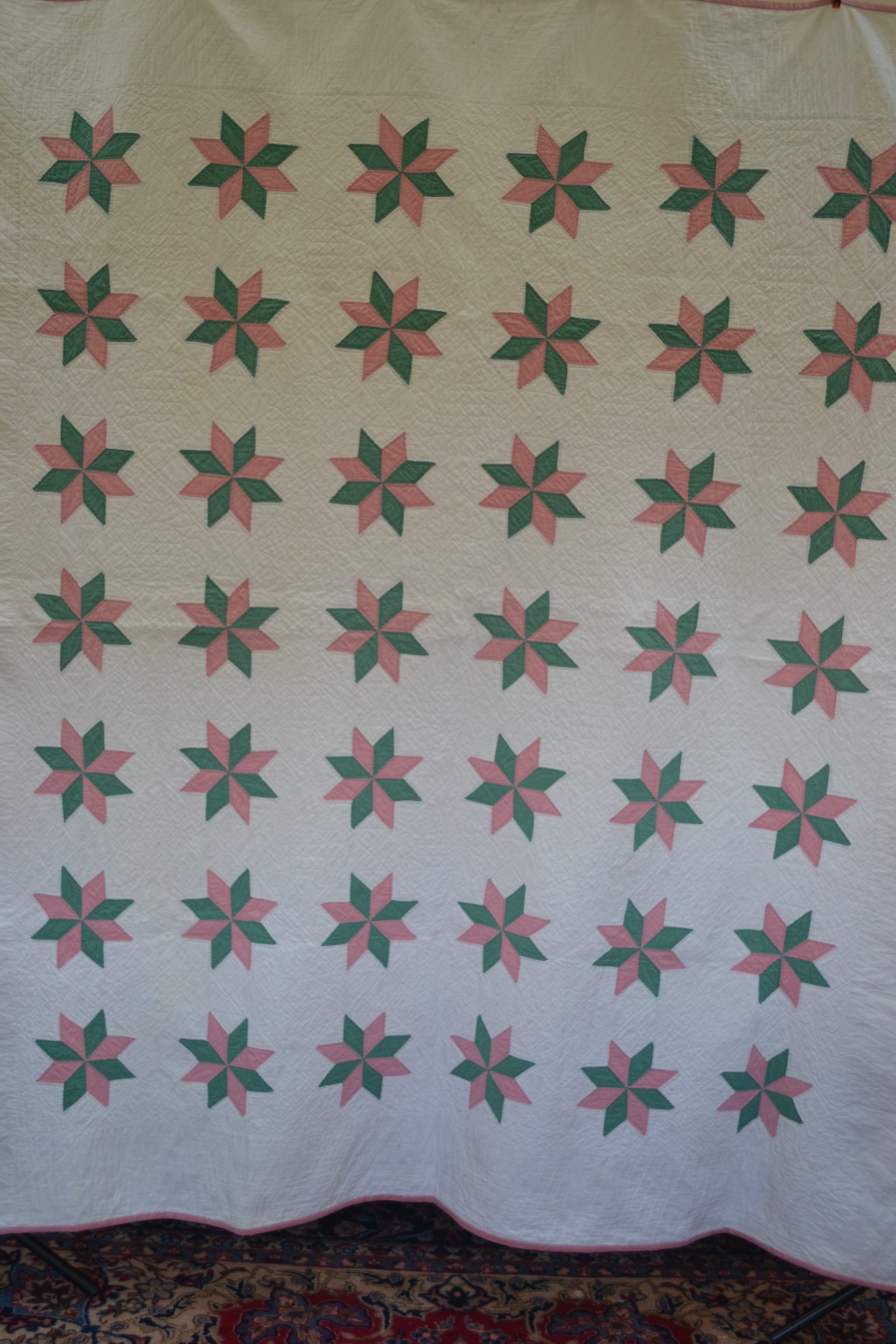 Antique Star quilt Hand Pieced and quilted Overall a clean good looking, well made qiilt with minimum discoloration. For Sale $225.00 